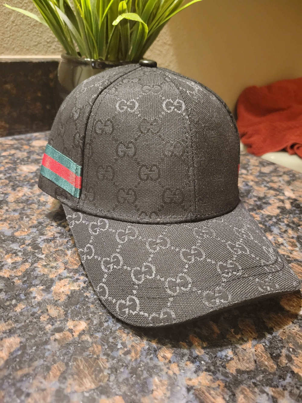 Gucci Black GG Monogram Baseball Cap with Red/Green Stripe